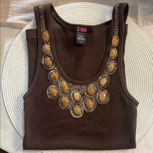 Brown Embellished Women's Tank Top